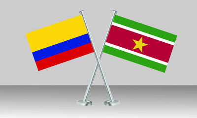 Crossed flags of Colombia and Suriname. Official colors. Correct proportion. Banner design
