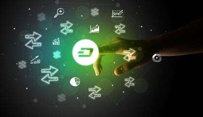 Businessman finger touching on screen multimedia interface with hand drawn currency icons