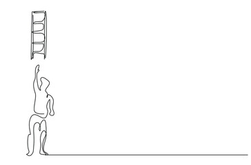 a man stretches out his arms to reach the ladder standing above