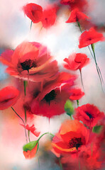 image of red poppies with splashes of spots on a light abstract background