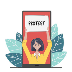 Digital Online Protest Concept. Woman on Huge Smartphone Screen Protesting with Placard. Character with Banner and Sign Strike via Internet. Flat Vector Illustration
