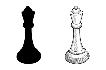 Hand drawn vector sketch. Chess piece on a white background. Chess queen illustration in doodle style. Drawing of a queen of a chess piece.