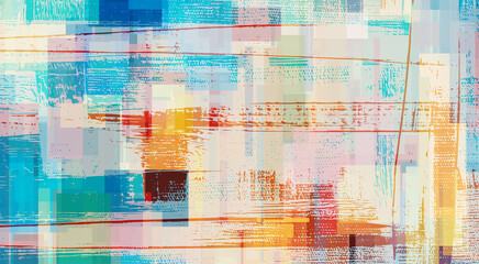 Techno digital art. Rectangles and brush strokes on canvas. Large abstract illustration. Retro background, orange and teal accents