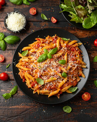 JackFruit pasta with garlic, olives, capers, tomato and cheese. Healthy vegan, diet food
