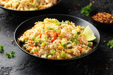 Prawn fried rice with eggs and vegetables in black bowl. Healthy asian food.