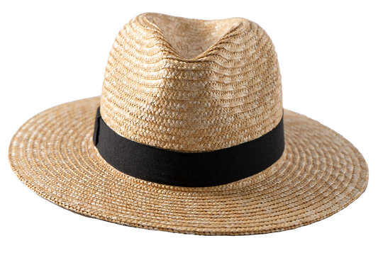 Straw fedora hat isolated. Summer hat with black ribbon. Classic cap on white background.