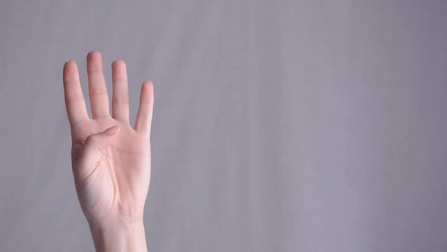 Close-up of a woman's hand counting to five with her fingers. Isolated on a grey background.