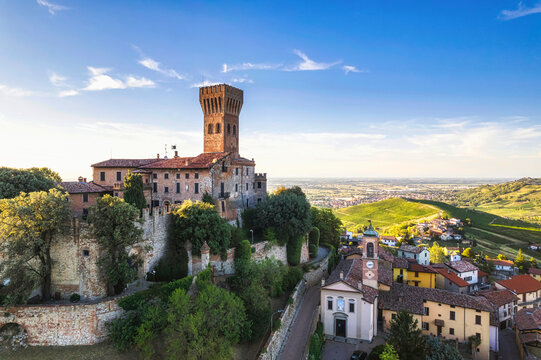 Aerial view of Cigognola Castle with his vineyard in background, Oltrepo Pavese, Pavia, Lombardy, Italy
