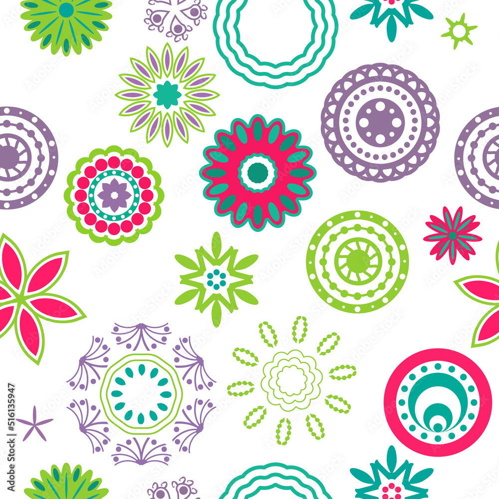 Aufkleber Colored circles from ornamental shapes. Vector seamless pattern of colored abstract circles. The design is stylish for decor and print.