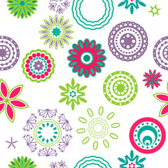 Colored circles from ornamental shapes. Vector seamless pattern of colored abstract circles. The design is stylish for decor and print.