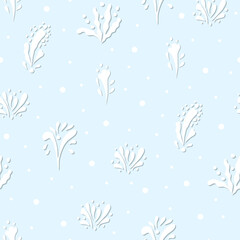 Vector seamless leaves pattern. Twigs pattern with dots on pastel blue. Repeating floral background with white leaves and dots.