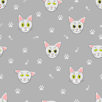 Vector cats seamless pattern. Repeating cat background of cat's faces, paws and fishbones on gray.