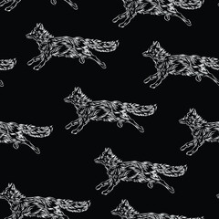 Sketch wolf, animals vector chalk seamless pattern isolated on darck background. Concept for print, cards, mascot, wallpapers, fabric texture