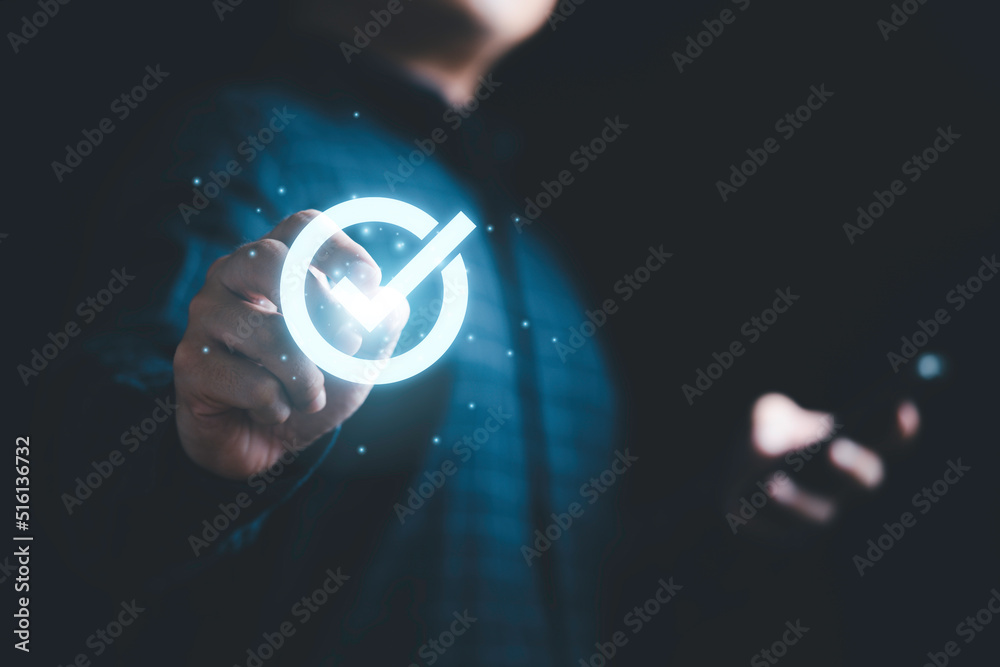 Poster businessman touching to glowing correct mark to approve document and project concept.