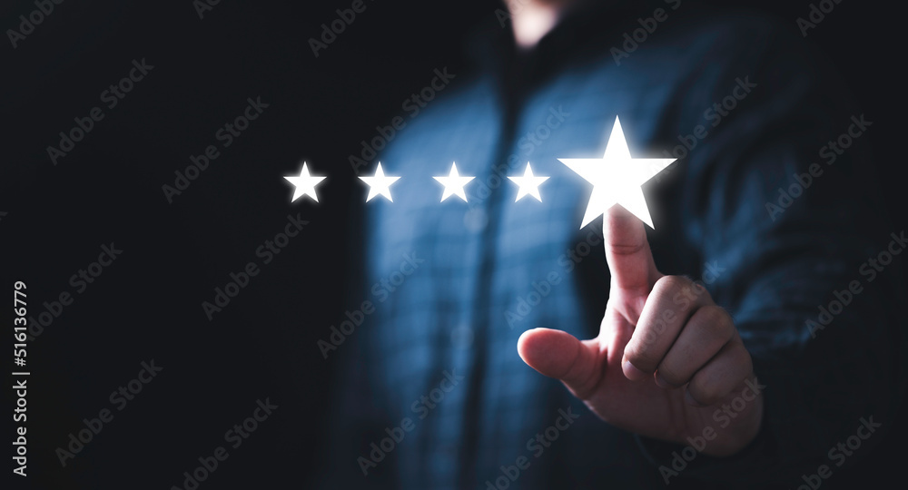 Poster businessman touching glowing five stars to excellent evaluate and customer satisfaction after use pr