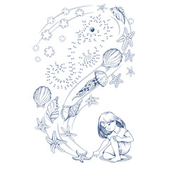 Figure by numbers for the children's menu of a fish restaurant.A little girl draws sea animals and dreams of the sea