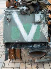 Sign V on a damaged Russian armored vehicle. Military conflict in Ukraine 2022