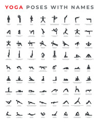 Big set of Yoga poses Asanas with names. Vector Illustration.