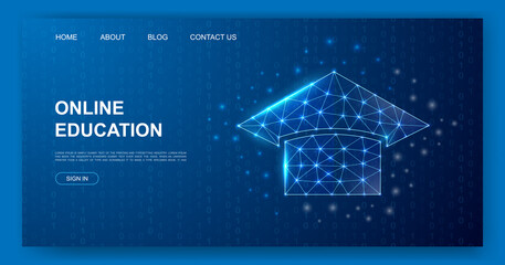 Graduation cap 3d polygonal website template. E-learning design illustration concept. Low poly Education symbol for homepage, promotion banner design.