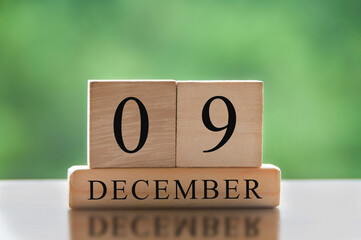 December 9 text on wooden blocks with blurred nature background. Copy space and calendar...