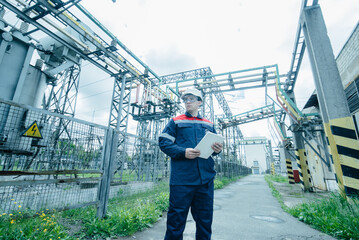 An energy engineer inspects the modern equipment of an electrical substation before commissioning. Energy and industry. Scheduled repair of electrical equipment.