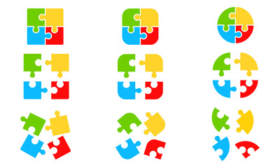 Set of four part puzzle vector icons. Colourful pieces jigsaw. Joining part puzzle. 