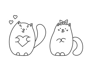 Hand-drawn cute cats in love. Kitties boy and girl. doodle style. Romantic simple sketch for coloring book. Editable stroke. Isolated. Vector illustration