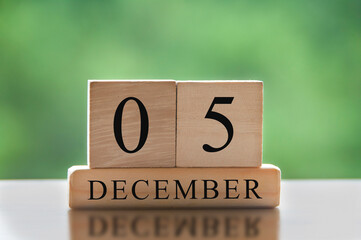 December 5 text on wooden blocks with blurred nature background. Calendar concept