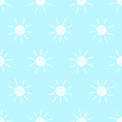 Blue seamless pattern with white hand drawn sun.