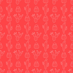 Pink seamless pattern with pink outline cactus.
