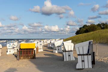 Fototapeta na wymiar The view of the beach of Zempin on the island of Usedom with many beach chairs