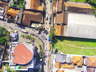 Aerial photography of the crowds of vehicle traffic at a crossroads in the Majalaya area, Indonesia