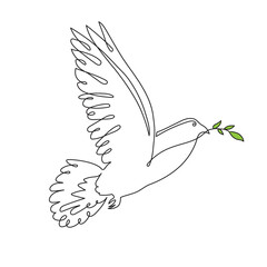 Hand drawn peace dove with olive branch, one line art continuous contour. Doodle, sign of independence.Editable stroke. Isolated. Vector illustration