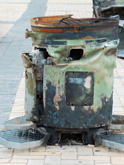 A downed fragment of a Russian ballistic missile. The broken part of the rocket. Military conflict in Ukraine 2022