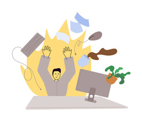 Angry worker throwing work supplies with burning fire at the background. Emotional and physical burnout. Stressed man in negative situation.  Mental health problem. Vector illustration concept