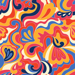 Hippie psychedelic seamless pattern. Vector nostalgic retro 60s groovy print. Vintage wavy background. Textile and surface design with old fashioned hand drawn naive geometric print