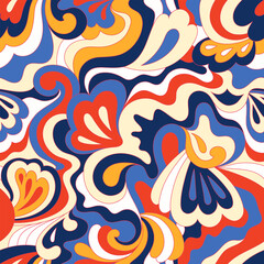 Hippie psychedelic seamless pattern. Vector nostalgic retro 60s groovy print. Vintage wavy background. Textile and surface design with old fashioned hand drawn naive geometric print