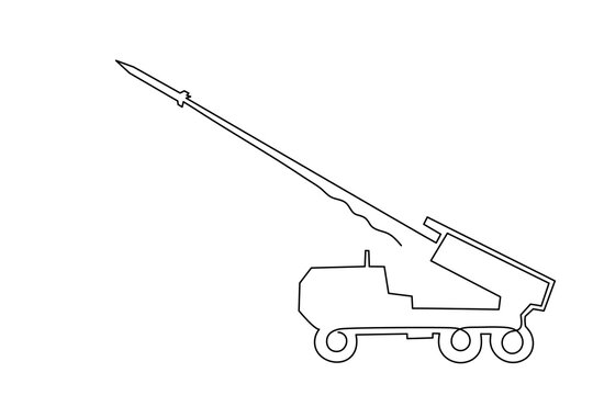 recommend clip art: Multiple launch rocket system HIMARS,one line art.Military combat vehicle firing rockets and shells,continuous contour.War equipment,missile tactical artillery,heavy machinery.Editable stroke.Vector