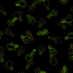 Seamless pattern with doodle lightbulbs,hand drawn electric devices endless background.Sketch,freehand minimalistic design.Isolated.Vector illustration