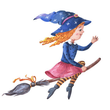 ute witch is flying on a broom. Girl with curly red hair and a blue hat with stars