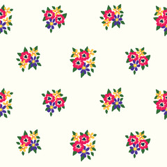 Seamless pattern with simple rustic floral composition. Cute ditsy print, botanical background with small hand drawn plants, colorful flowers, leaves in bouquets on a white surface. Vector.