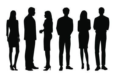 Vector silhouettes of  men and a women, a group of standing   business people, profile, black  color isolated on white background