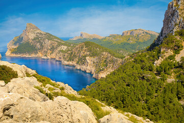 Naklejka na ściany i meble View from the Es Colomer viewpoint of the mountains that form the tip of Cape Formentor. Majorca Island, Balearic Islands, Spain