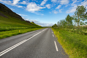 Fototapeta na wymiar Very picturesque empty road in iceland in summer. Asphalt road as a symbol of freedom and travel.