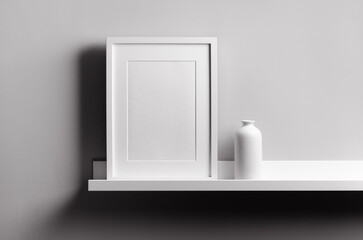 Portrait artwork frame mockup on shelf with vase