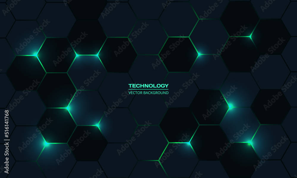 Poster Dark hexagonal technology vector abstract background. Green bright energy flashes under hexagon in modern technology futuristic background vector illustration. Dark and turquoise 3d honeycomb texture.