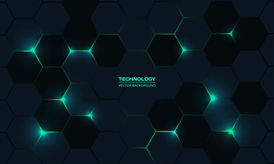 Obraz na płótnie Canvas Dark hexagonal technology vector abstract background. Green bright energy flashes under hexagon in modern technology futuristic background vector illustration. Dark and turquoise 3d honeycomb texture.
