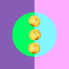 Three American chocolate chip cookies float in the air. collage art.