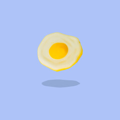 Fried eggs float in the air on a blue background. Collage art.