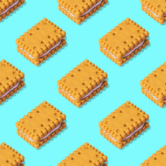 Creative concept of cookies on blue background. Minimalism. collage art. Seamless pattern.